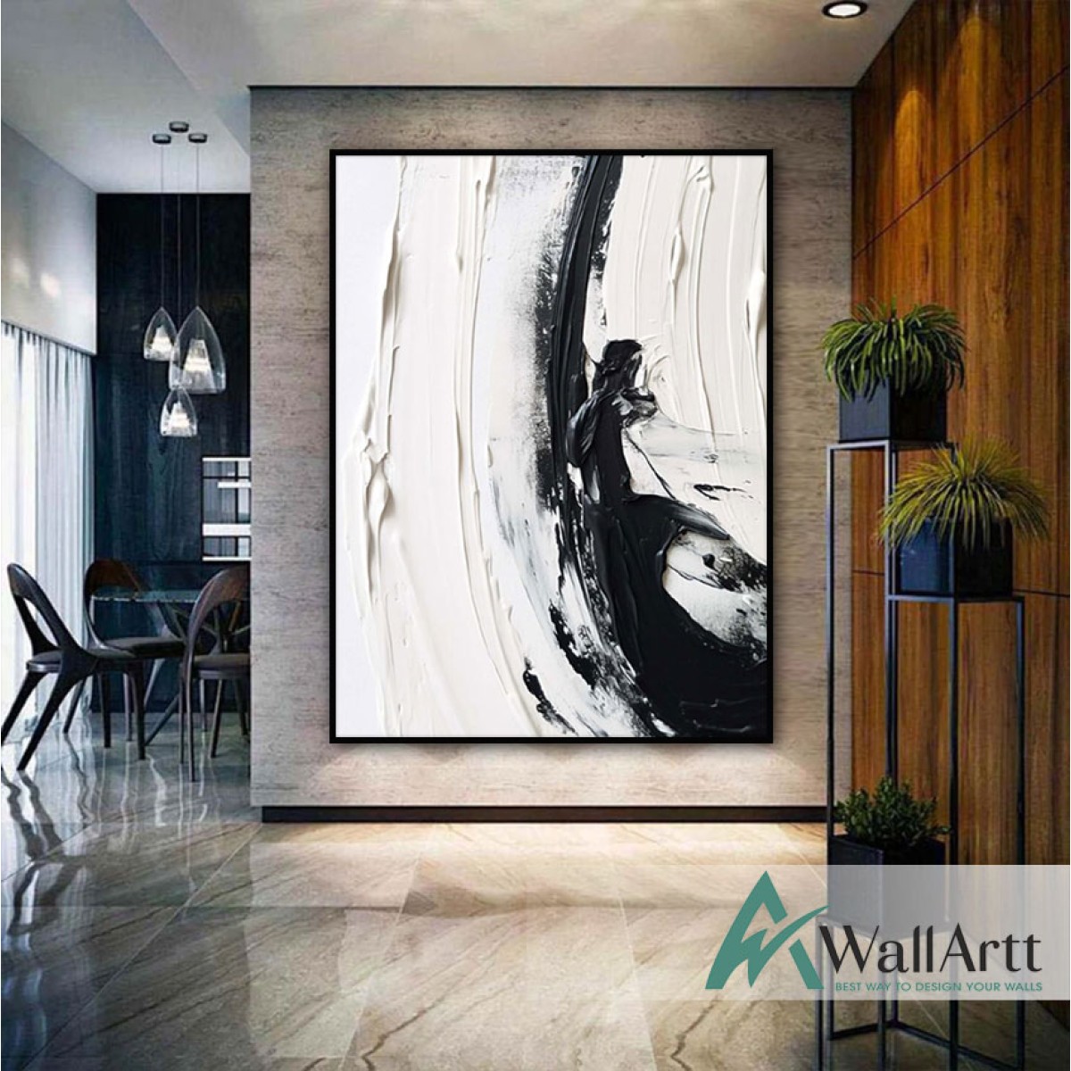 Abstract Black White 3D Heavy Textured Partial oil Painting